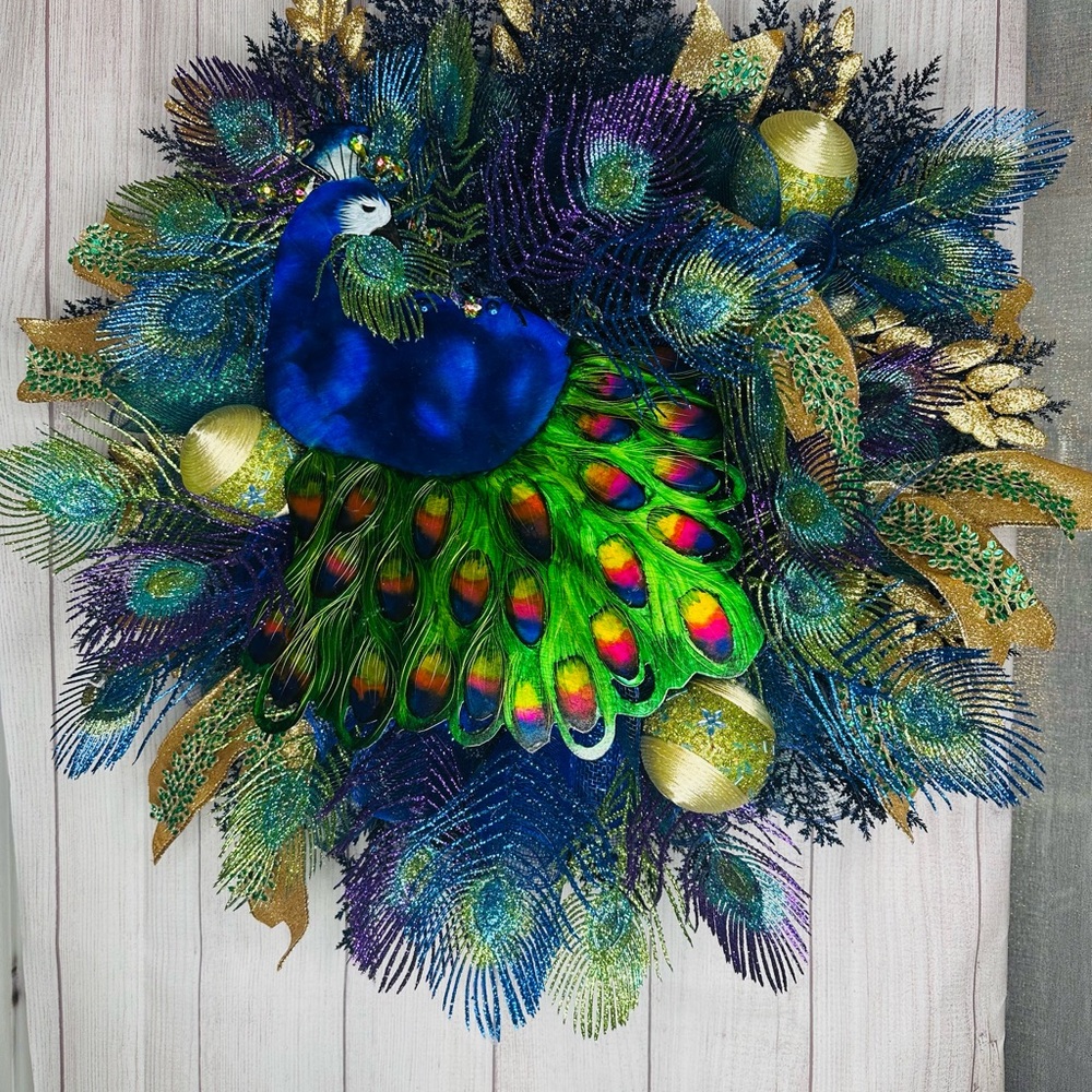 Vibrant Peacock Holiday Wreath with Blue and Green Feathers